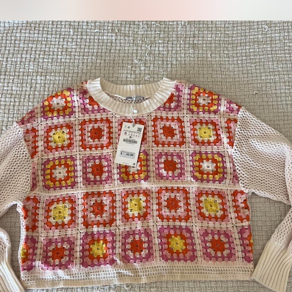 Zara Pink and Orange Crochet Women's Sweater